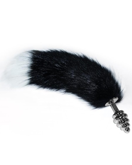 metal spiral butt plug with noir and white fox tail