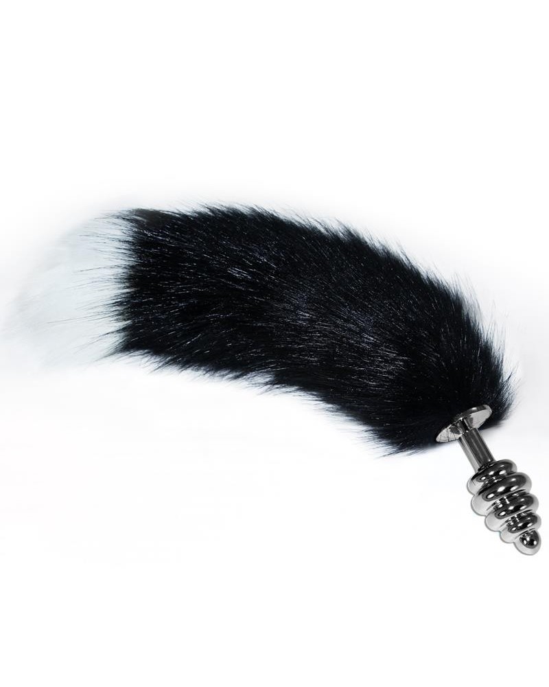 metal spiral butt plug with noir and white fox tail
