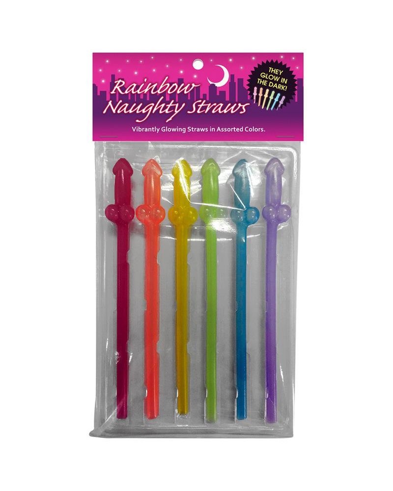 set of 6 glow-in-the-dark rainbow penis straws