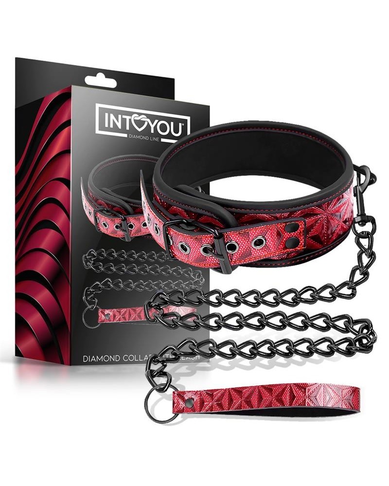adjustable collar with leash diamond vegan leather