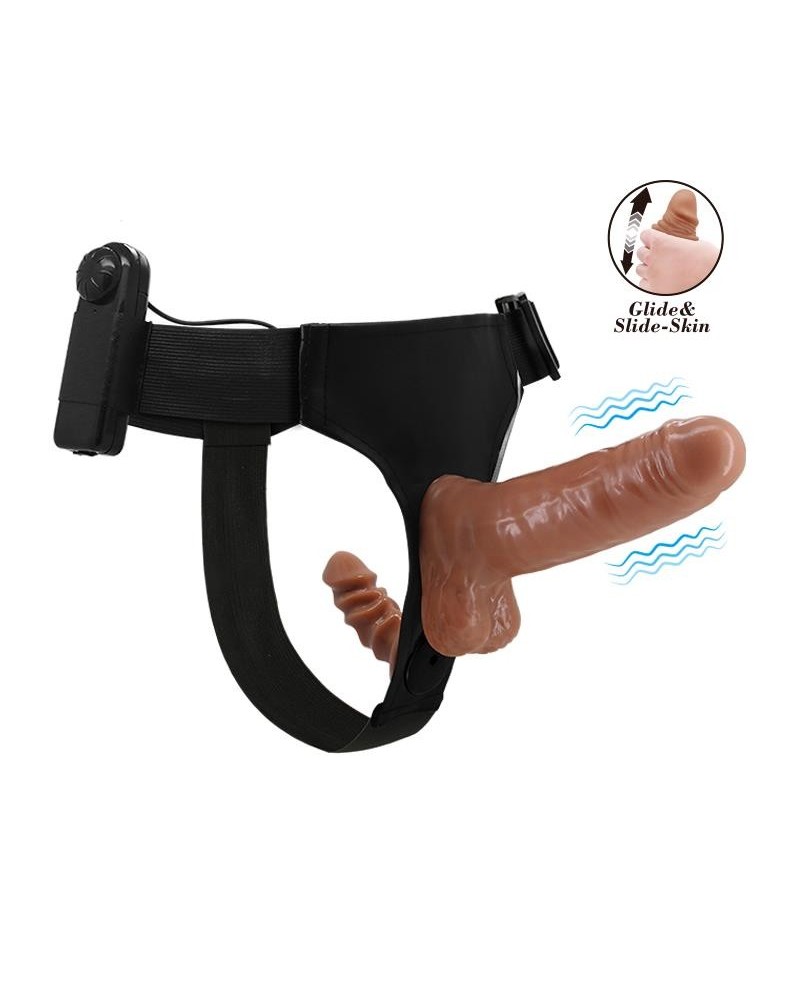 harness with double retractable dildo with vibration