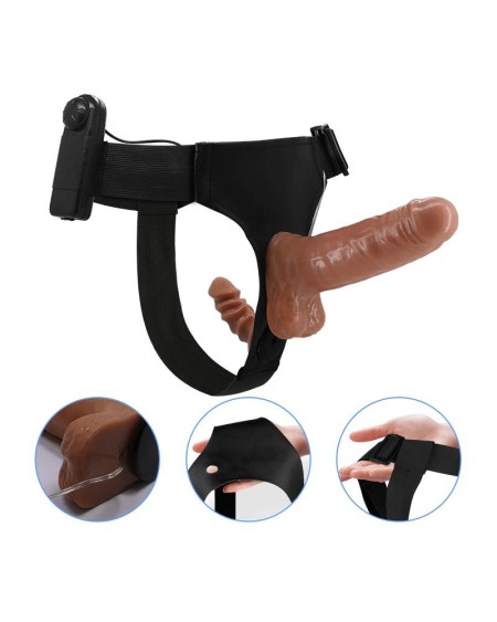 harness with double retractable dildo with vibration