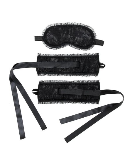 bondage satin look handcuffs with mask noir