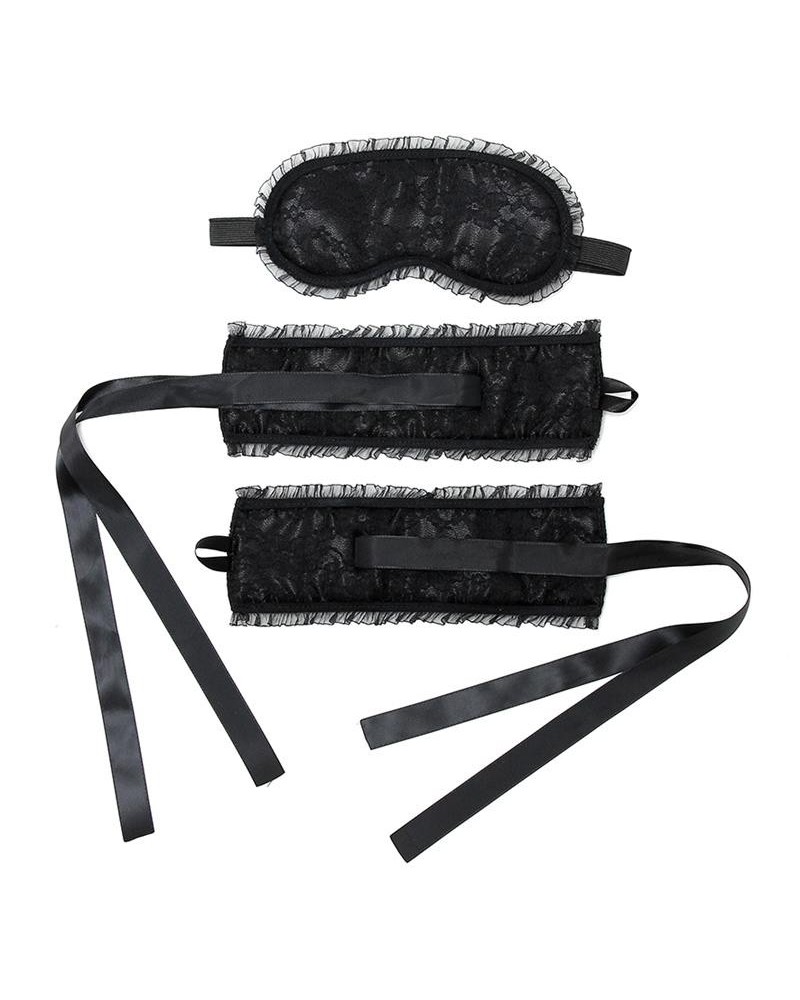 bondage satin look handcuffs with mask noir