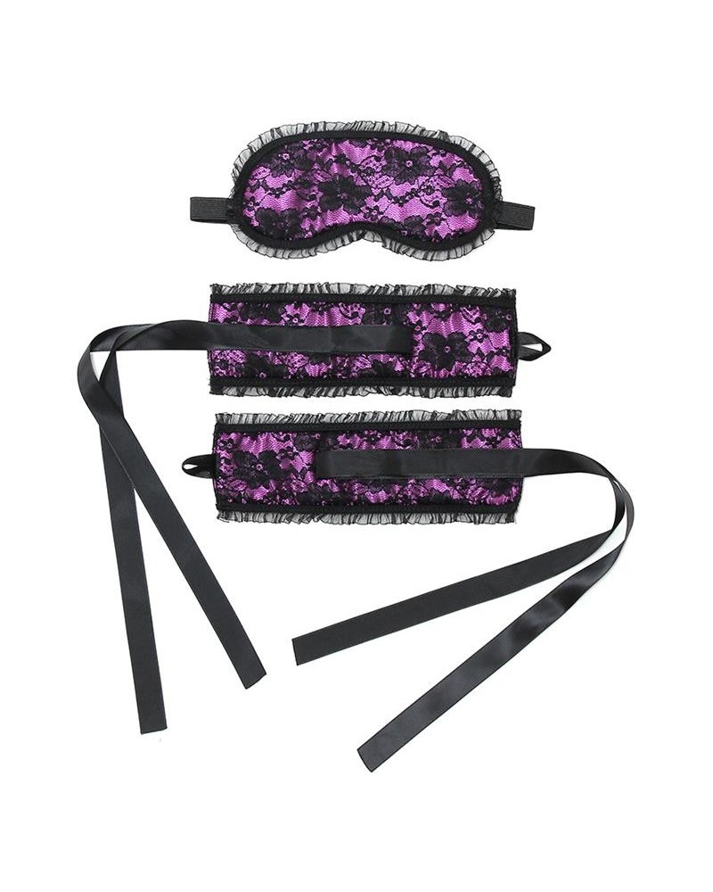 bondage satin look handcuffs with mask violet