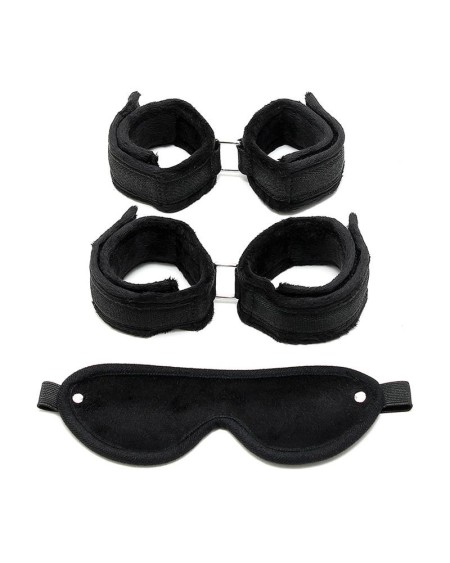 handcuffs, anklecuffs and mask noir