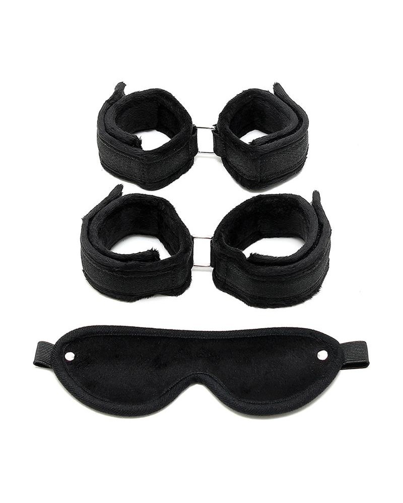 handcuffs, anklecuffs and mask noir