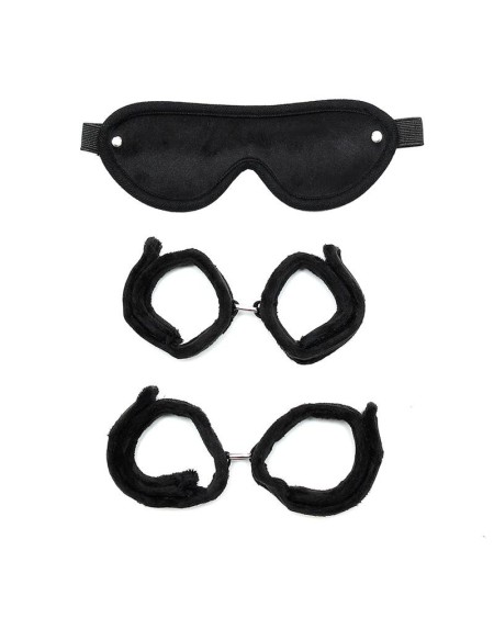 handcuffs, anklecuffs and mask noir