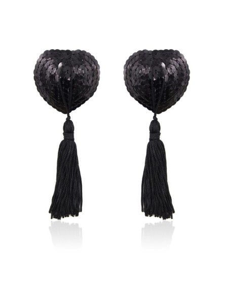 self-adhesive heart sequin nipple cover with tassel noir