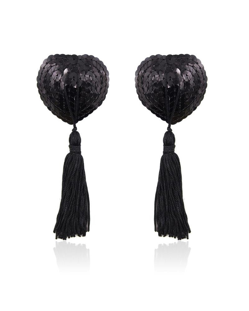 self-adhesive heart sequin nipple cover with tassel noir