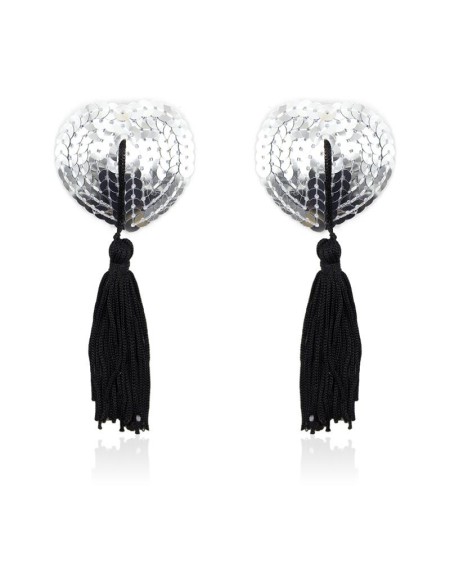 self-adhesive heart sequin nipple cover with tassel silverblack