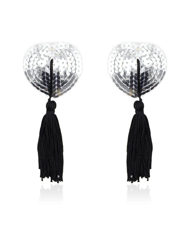 self-adhesive heart sequin nipple cover with tassel silverblack