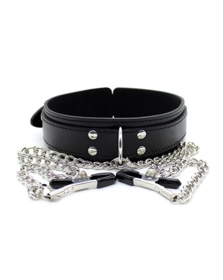 collar with nipple clamps and metal chain noir