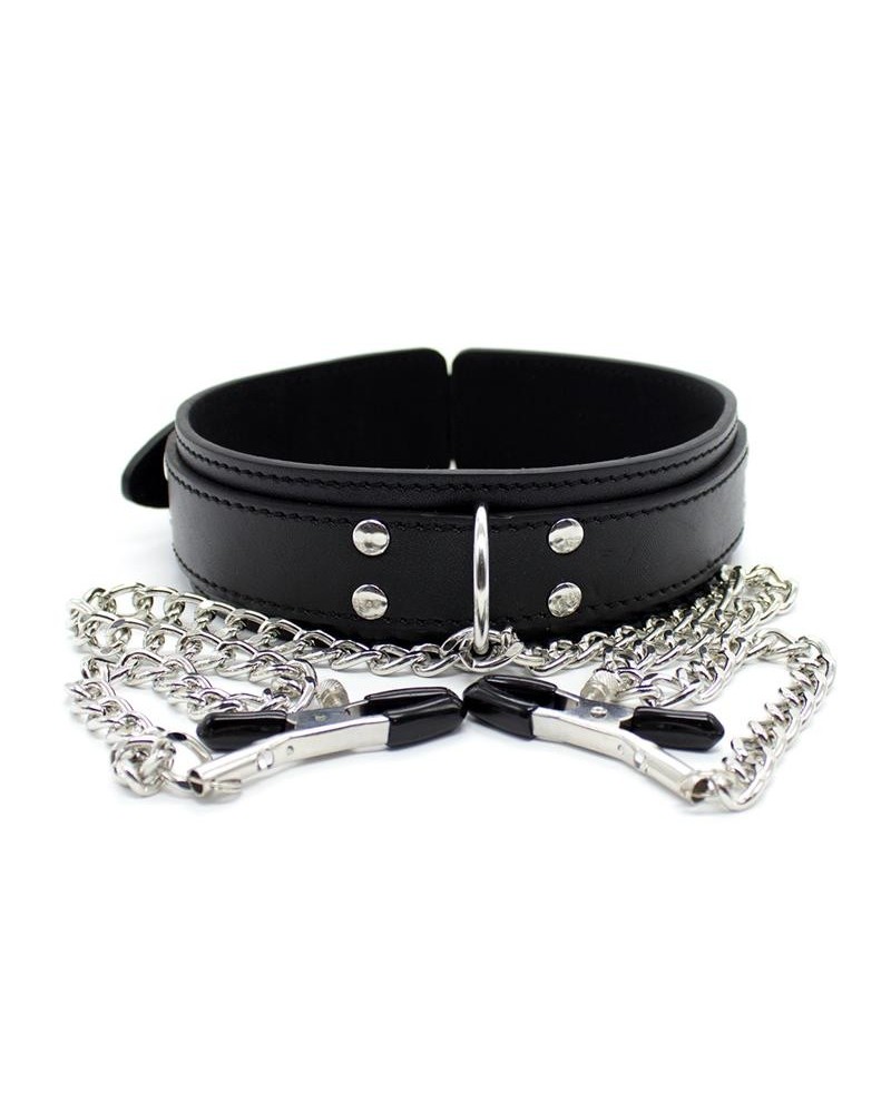 collar with nipple clamps and metal chain noir