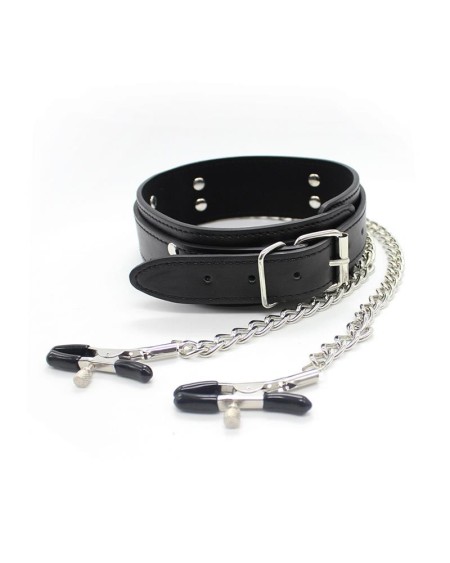 collar with nipple clamps and metal chain noir