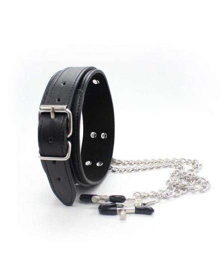 collar with nipple clamps and metal chain noir