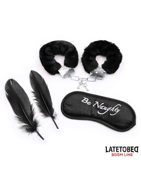 3 pieces set mask, handcuffs and feathers noir