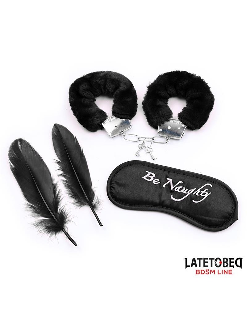3 pieces set mask, handcuffs and feathers noir