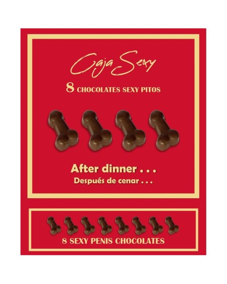 red box of 8 dark chocolate penis-shaped candies
