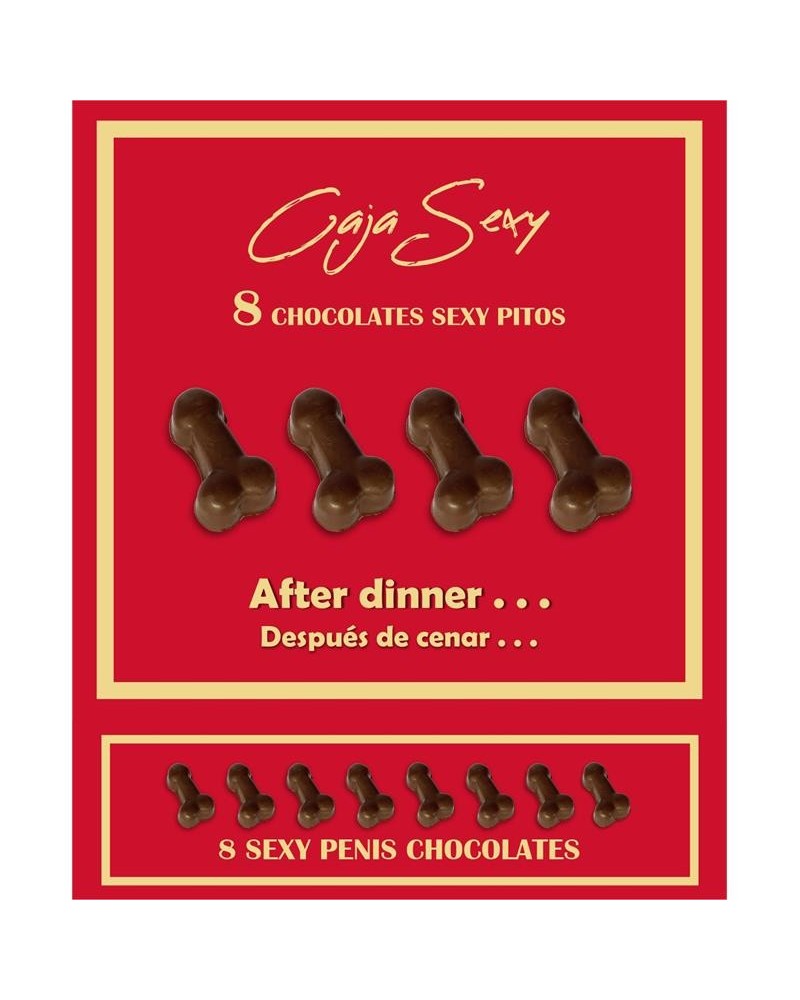 red box of 8 dark chocolate penis-shaped candies