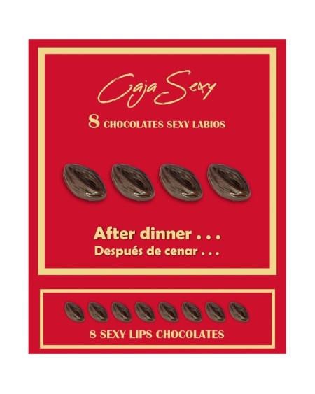 red box of 8 dark chocolate lips-shaped candies 8 units