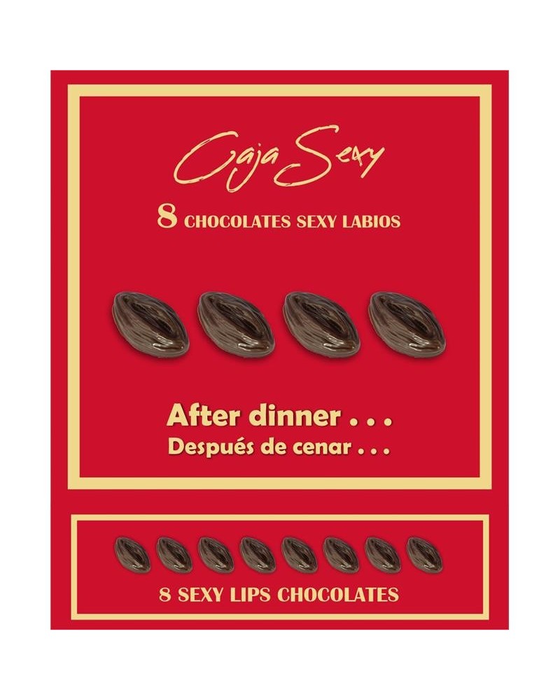 red box of 8 dark chocolate lips-shaped candies 8 units