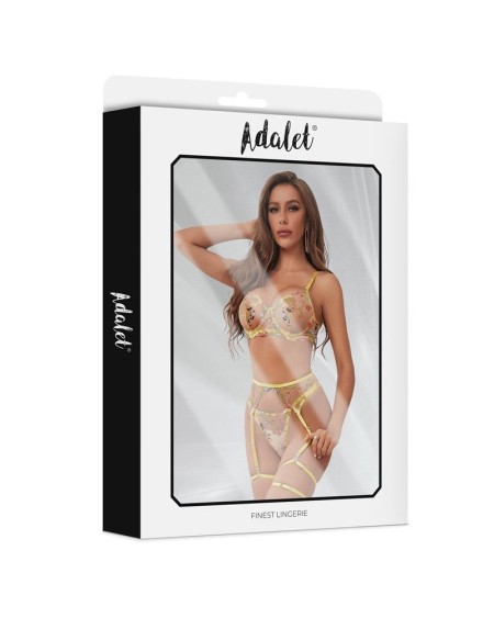 zoey bra, thong, garter belt, and yellow floral garters set