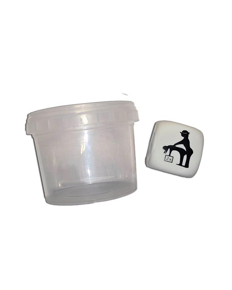 white position dice in a plastic jar