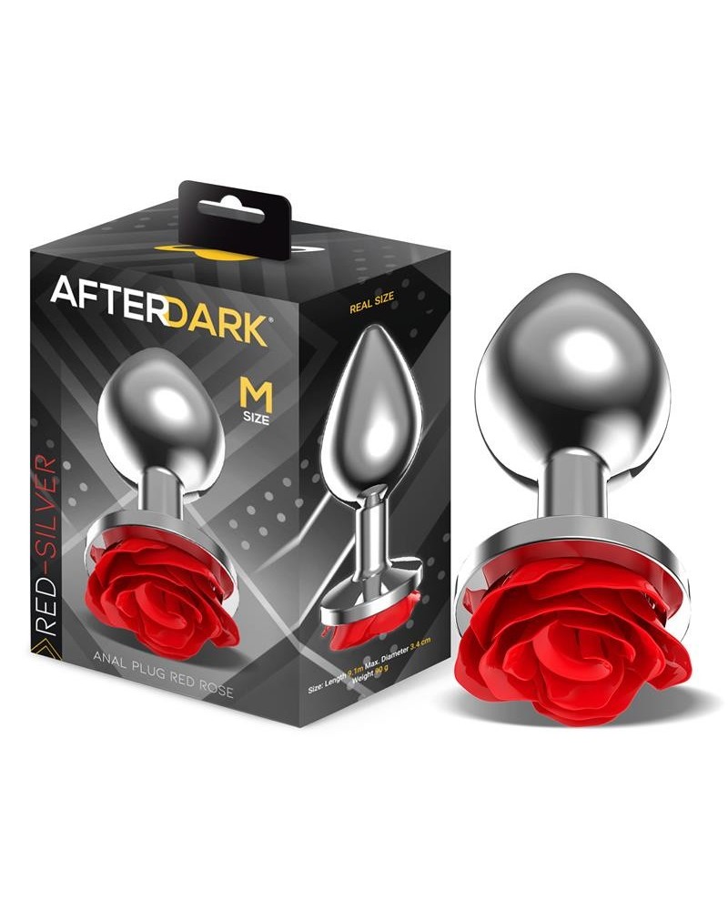 metal anal plug with red rose base - size m