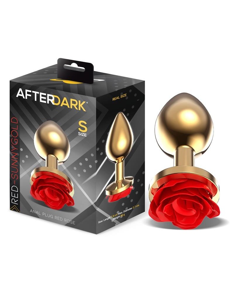 golden metal anal plug with red rose base - size s