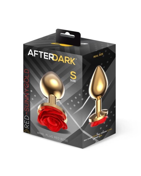 golden metal anal plug with red rose base - size s