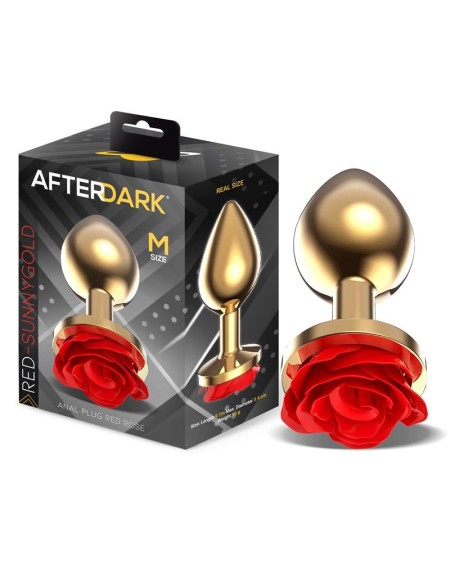 golden metal anal plug with red rose base - size m