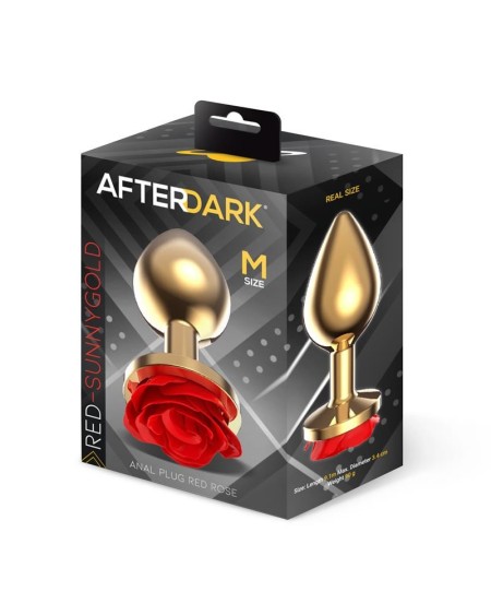 golden metal anal plug with red rose base - size m