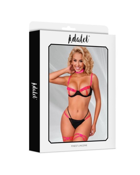 pauline bra, panties, leg rings and choker set noir and rose