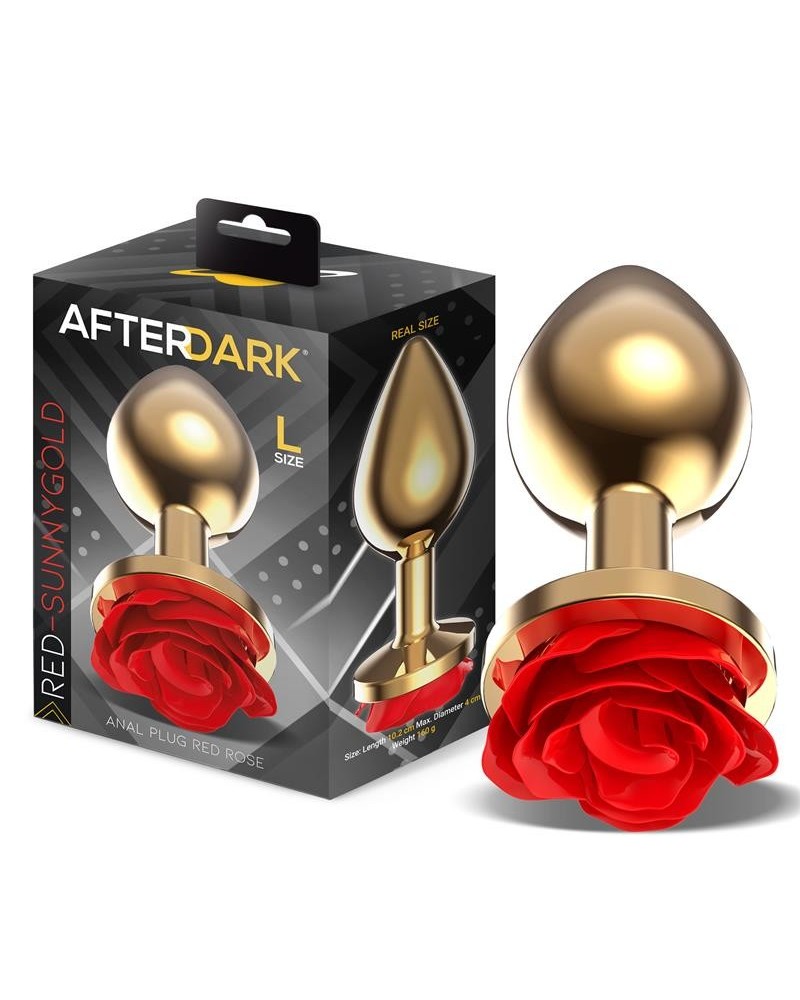 golden metal anal plug with red rose base size l