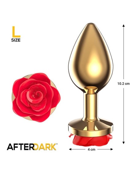 golden metal anal plug with red rose base size l