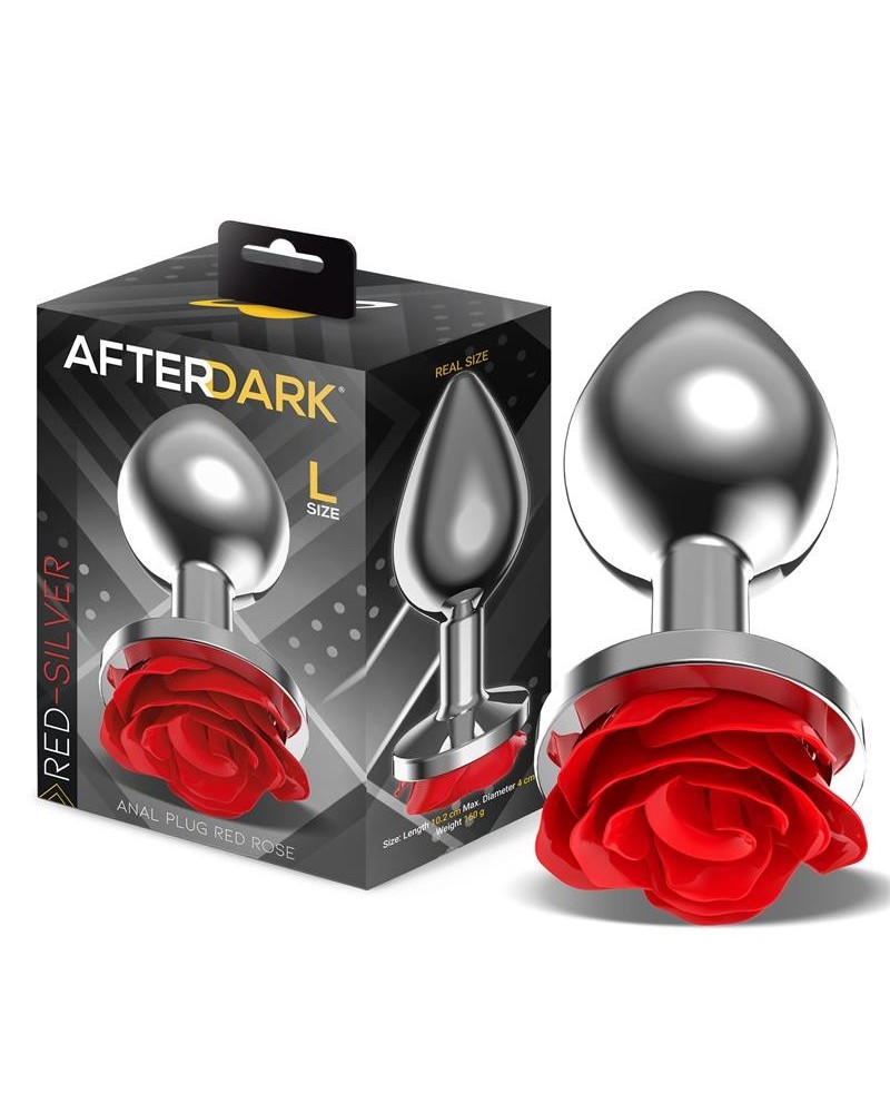 silver metal anal plug with red rose base size l
