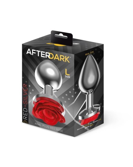 silver metal anal plug with red rose base size l